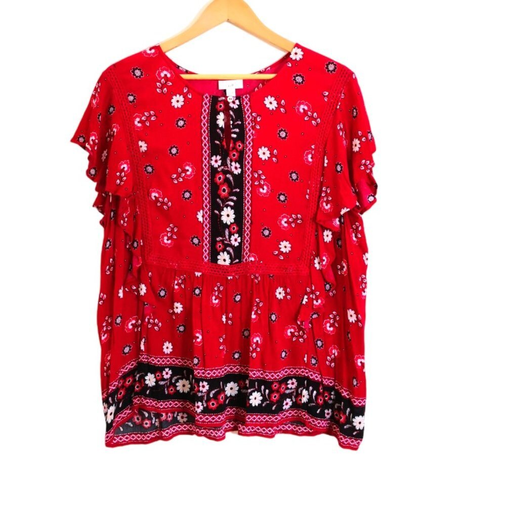 J. Jill Red Floral Print Flutter Sleeve Peasant Top/Blouse Lace Accent Flowy L